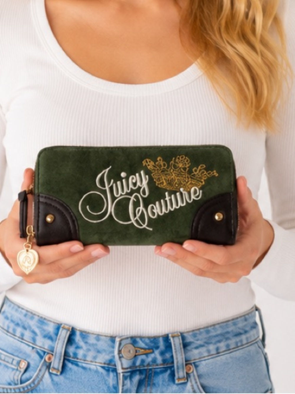 Juicy Couture Dark Green Velvet Zip-Around Wallet with Gold Logo